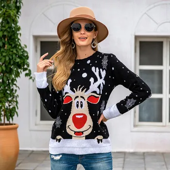 Moterų Kalėdų Laisvas megztinis briedžių žakardo megztinis Šiltas Megztas ilgomis Rankovėmis Megztinis Megztinis Viršūnių O-Kaklo Bjaurusis Kalėdų Džemperis
