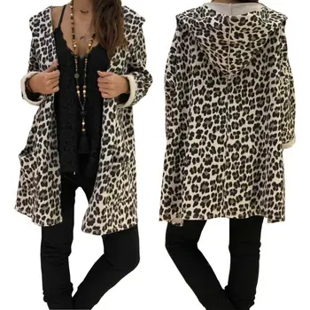 Moterų Leopardas Spausdinti Gobtuvu Ilgas Kailis Seksualus Žiemą Šiltas Vėjas Megztinis Kailis Ilgas Kailis Atsitiktinis streetwear Cardigan