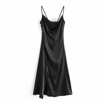 Moterų mados za juoda vasaros dėmių minkštas ilgas sukneles moterų elegantiškas 2020 pasviręs vieną krūtinėmis aukšto juosmens ritininės diržas suknelė