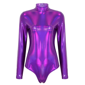 Moterų Šokių Leotard Bodysuit Kostiumas vientisas Blizgus Metalinis Gimnastikos Golfo ilgomis Rankovėmis Bodysuit Jumpsuit Clubwear Moterims