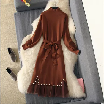 Moterų Žiemos Megztinis Suknelė Ilgai Korano Versija Apačioje Sijonas Megztas Golfo Duobute Kumpis Nėriniai