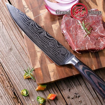 NAUJAS Chef peilis yra didelių anglies nerūdijančio plieno šlifavimas lazeriu Damaske modelis virtuvės peiliai medžio rankena kreditinės kortelės peilis dovanų