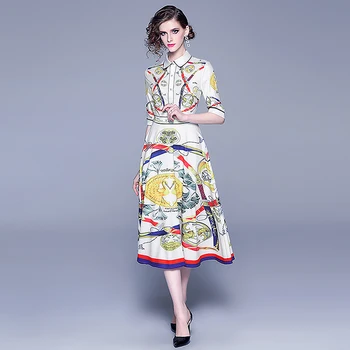 Nauja Elegantiška Vintage Moterų Spausdinti Slim Tunika Midi Suknelė Office Lady Ilgomis Rankovėmis Suknelės, Šaliai, Drabužių