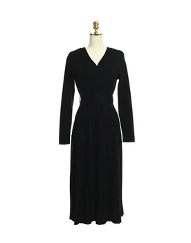 Nauja Mezgimo Suknelė Moterims Aukšto Juosmens, Plonas V-Kaklo Elegantiškas Megztinis, Vintage Moterų Ilgomis Rankovėmis Juoda Skraiste Žiemą Ir Rudenį 2020 M.