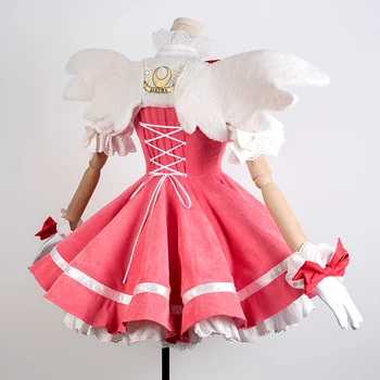 Naujas Anime Cardcaptor Sakura Cosplay Kostiumų Kinomoto Sakura Prabanga Rožinė Suknelė Velvetas Karnavalas Halloween Kostiumai Moterims perukas