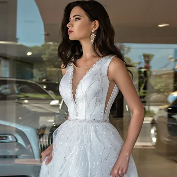 Naujas Atvykimo Duobute Blizgučiais Blizga Vestuvių Suknelės 2020 V Kaklo Linijos, Elegantiškas Vestido De Noiva Blizgančių Vestuvių Suknelės Mariage