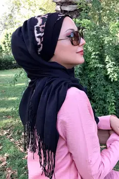 Naujas Moda Hijab Kadın Müslüman Başörtüsü 2021 Islami Türban Şapka Eşarp Kaulų Fular Türban Leopar Biyeli Siyah Keten Hazır Şal