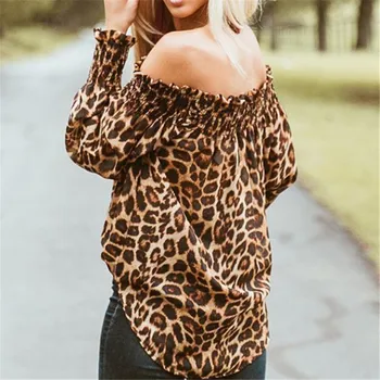 Naujausias Moterys Leopardas Spausdinti Ilgomis Rankovėmis Marškinėliai 2019 Mados Rudens-Pavasario Off Pečių Marškinėliai, Ponios Atsitiktinis Palaidų Viršūnes Palaidinė Karšto