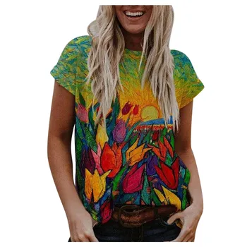 Negabaritinių Ponios Viršūnes Moterų Plius Dydis Gėlių 3D Print T Shirt Prarasti V-Kaklo trumpomis Rankovėmis Atsitiktinis Tee Viršuje Vasaros Naują Streetwear