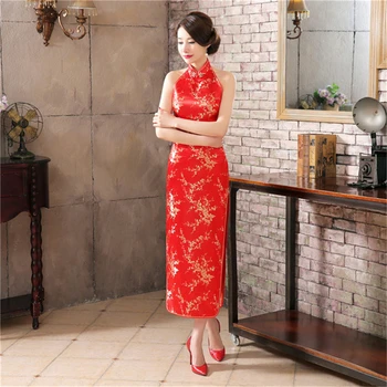 Nuotakos cheongsam raudona ilgos satino vestuvių suknelė padalinta Qipao rodo, T etape rodyti vakare slim retro backless berankovis suknelė vestido