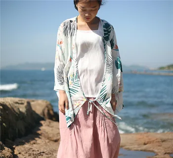 ORIGOODS Kinų stiliaus Spausdinti Kimono Palaidinė Moterims Plonas Šilko Patalynė Atsitiktinis Vasaros Palaidinė Marškinėliai Moterims Kimono stiliaus Viršūnes Blusas D008