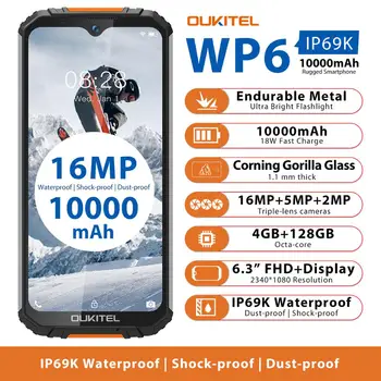 OUKITEL WP6 Išmanųjį telefoną 4GB 128GB Octa Core 10000mAh Baterija Patikima IP68 Vandeniui Mobiliojo Telefono 16MP Triple Kameros 6.3