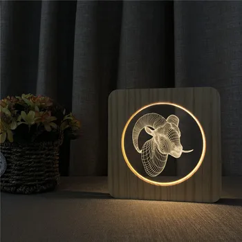 Ožkos Laukinių Gyvūnų 3D LED Arylic Mediniai Naktį Lempos Lentelė Šviesos Jungiklis Kontrolės Drožyba Lempos Vaikų Kambario Dekoracija Dovanos