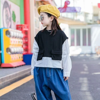 Paauglių Mergaičių Palaidinukė 2020 M. Rudenį Naujų Vaikų Mergaičių Netikrą Dviejų Dalių Korėjos Stiliaus Palaidinukė Mados Atsitiktinis Vaikus, Drabužiai, #9154