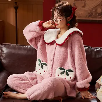 Pajama Komplektai Moterų Žiemos Storesnis Kratinys Saldus Mielas Plius Aksomo Ponios Sleepwear Prarasti Šiltas, Patogus Korėjos Stiliaus Madinga