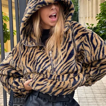 Palaidinės Moterų 2020 M. Žiemos Prarasti Negabaritinių Hoodie Leopard Šilta Fleece Zip Iki Paltai Viršūnes Ilgomis Rankovėmis Megztinis Atsitiktinis Panele