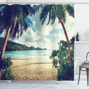 Palmių Dušo Užuolaidos Vasaros Paplūdimio Vintage Stiliaus Atogrąžų Saulėlydžio Nuotrauką Spausdinti Vonios kambarys Dekoro Rinkinys su Kabliukais 70