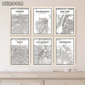 Pasaulyje Garsaus Miesto Žemėlapį niujorke, Londone, Paryžiuje, Drobė Plakatas Spaudinių Sienos Meno Juoda ir Balta Tapybos paveikslų Kambarį