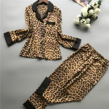 Pavasarį Nauja Pižama Ilgomis Rankovėmis Moteris Ledo Šilko Mados Leopardas Spausdinti Seksualus Pajama Nustatyti Moterų Sleepwear Apatinis Trikotažas Nėrinių Pyjama