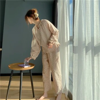 Pavasarį, rudenį, medvilnės pižama, nustatytas drebulys vyšnių spausdinimo nėrinių sleepwear pižamos kelnės 2 vnt ilgomis rankovėmis homewear kostiumas Y036