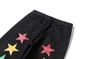 Penkių Žvaigždučių Siuvinėjimo Raštą Jeans Mens Kelnės Streetwear Plauti Retro Tiesiai Džinsinio Audinio Kelnės Negabaritinių Prarasti Atsitiktinis Kelnės