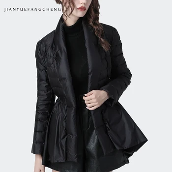 Peplum Mados Moterų Ančių Pūkų Paltai Naujas 2019 Žiemą Šiltas Sutirštės Juodas Plonas Juosmens Plus Size Žemyn Šuo-Paltai Streetwear