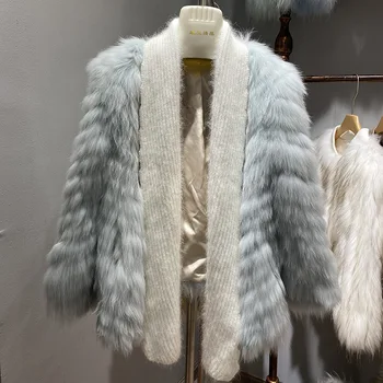 Prabanga Naujus Originalius Megztus Fox Fur Coat Cardgain Žiemą Storas Šiltas Ponios Realių Kailiai, Kailio