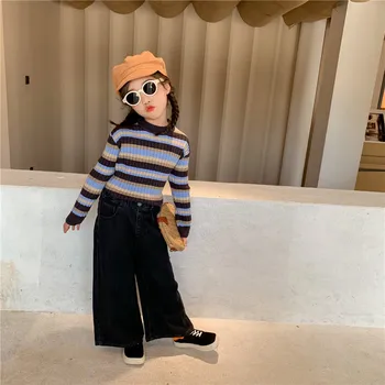 Preppy Stiliaus Dryžuotas O-Kaklo Megztiniai Mergaitėms 2020 Naujų korėjos Mados Retro Vaikams megztinius ilgomis Rankovėmis Slim Šiltas Puloveriai
