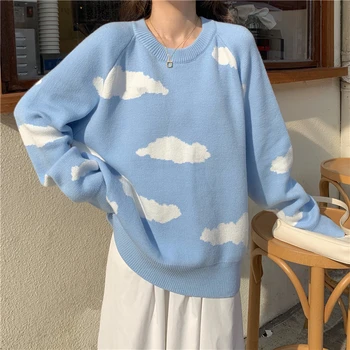 Preppy stilius saldus kawaii o-kaklo megztinis debesys modelio megztinis