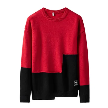 QUANBO Prekės Vyrų Vyrų Minkštas Spliced Crewneck Sweater 2020 Nauja Rudens Žiemos Ilgos Rankovės Atsitiktinis Palaidų Megztas Megztinis