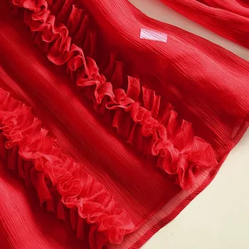 Raudonas Seksualus Marškiniai Naujas Stilius Pavasario Mados Viršūnes Moterų Šalto Pečių Appliques Gėlių Raukiniai Ilgomis Rankovėmis Skaidrus Viršuje Palaidinė