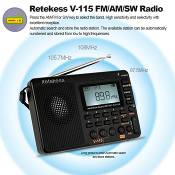 Retekess V-115 FM/AM/SW Radijo Daugiaruožý Radijo Imtuvas REC Diktofonas mini radijo Boso Garsas, MP3 Grotuvas, Garsiakalbių, Miego Laikmatis