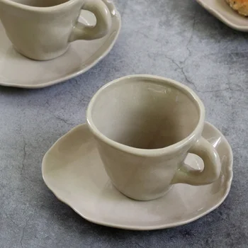 Retro Keramikos Puodelis ir Lėkštelė Rinkinys, 200ml Rankų Nereguliarus Kavos Rinkinys Kavos Parduotuvė Restoranas
