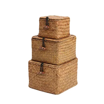 Rotango laikymo dėžę su dangčiu, rankomis austi vytelių kosmetikos maisto konteinerių laikymo dėžutė vaikų žaislas langelyje saugojimo krepšys CY52205