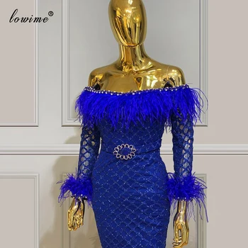Royal Blue Kelio Ilgis Kokteilių Suknelės Undinė Blizgančių Moterų Prom Dresses 2020 Turkijos Couture Plunksnų Šalis, Chalatai Vestidos