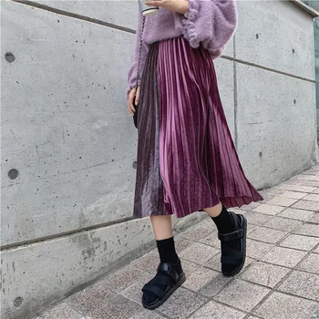 Rudens tendencijos Korėja aksomo susiuvimo plisuotas sijonas Joker Elegantiškas plonas ilgas-line klostuotas sijonas Vidurio Blauzdos Kratinys sijonas moteris