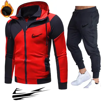 Rudens/žiemos vyriški paltai striukės Bėgiojimas pilka pliušinis šilumos tiktų spausdinti hoodie kostiumas dvivietis zip sweatpants sportinis kostiumas vyrams
