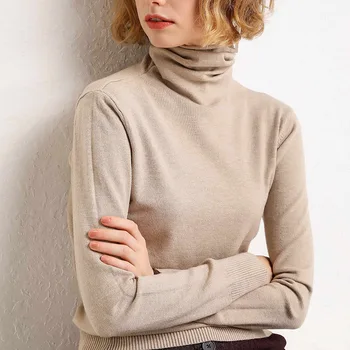 Rudenį ir žiemą naujas kašmyro krūva aukštu kaklu megztinis gryna spalva megzti elastinga kieto pagrindo džemperis moterims