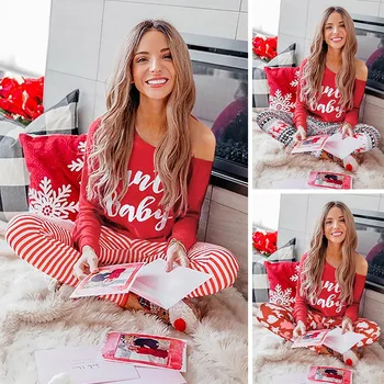 Rudenį, Žiemą Kalėdų Moterų Laisvalaikio Pižama Nustatyti Laišką Išspausdinti O-kaklo, ilgomis Rankovėmis T-shirt + Ilgas Kelnes Kostiumas Namuose Dėvėti Drabužiai