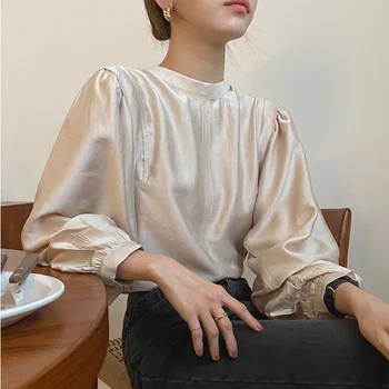 SHENGPALAE Stovėti Apykaklės Palaidinė Moterų 2021 m. Pavasarį naujas korėjiečių Prašmatnus Elegantiškas Prarasti Raukšlių Blizgesį Burbulas Rankovės moterų Marškinėliai 5A783