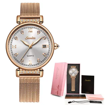 SUNKTA 2021 Sąrašas Rose Gold Moterų Laikrodžiai Kvarco Žiūrėti Ponios Viršų Prabangos Prekės ženklo Moteris Žiūrėti Mergina Laikrodis Relogio Feminino+Box