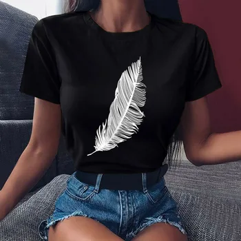 Seeyoushy Tendencia 2020 Plunksnų Spausdinimo moteriški marškinėliai Mados O-Kaklo Medvilnės Grafinis Tee Marškinėliai Moters Drabužių Mujer Camisetas