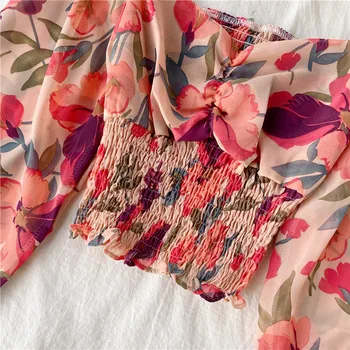 Senovinių kvadratinių apykaklės Slim gėlių spausdinti Marškinėliai Moterims elastinga šifono Viršuje Tee plisuotos pavasario paplūdimys Marškinėliai rudenį marškinėlius