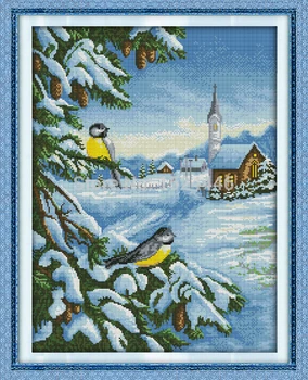 Sniego paukščių Žiemos Peizažas Namų Dekoro,raštų atspausdinta ant drobės DMC 11CT 14CT Kryželiu rinkiniai,rankdarbiams Rinkinys 