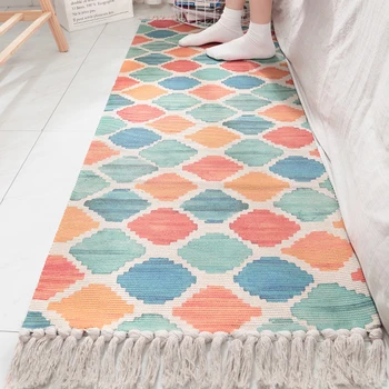 Spalvos rhombus modelis rankomis austi grindų kilimėlis kutas medvilnės ilgai juostelės kilimėlių namų neslidus miegamojo puošimas naktiniai naudingasis plotas kilimas