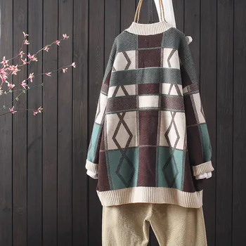 Spalvų atitikimo prarasti ragų mygtuką megzti megztinis švarkas moterų atsitiktinis menas retro megztinis rudenį ir žiemą naujus produktus