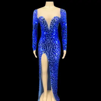 Sparkly Mėlyna Veidrodėliai Ilga Suknelė Moterims Gimtadienio Švęsti Apranga Prom Vakare Šalis Suknelė Moterų Veiklos Kostiumas Dėvėti Etapas