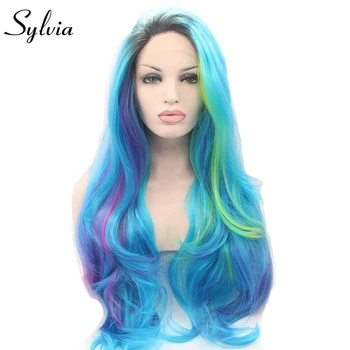 Sylvia mėlyna/rožinė/geltona sumaišyti spalvinga gamtos banga karščiui atsparus pluoštas plaukų glueless sintetinių nėriniai priekiniai perukai moteris