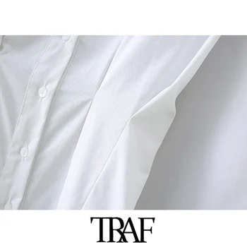TRAF Moterų Elegantiškos Mados Mygtuką-iki Klostuotas Mini Marškinėliai Suknelė Vintage ilgomis Rankovėmis Atgal Elastinga Slim Moterų Suknelės Mujer