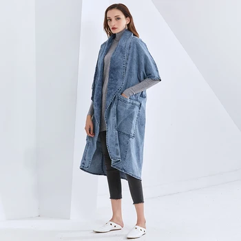 TWOTWINSTYLE Džinsinio audinio Paltai Moterims V Kaklo Trys Ketvirtį Kišenės Linija Streetwear Mėlynos spalvos Paltai Moterų 2020 m. Rudenį Mados Drabužiai